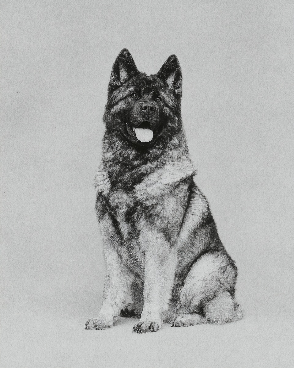 Akita Inu, illustration, with white markings, double coat, in black, brown Akita Inu, illustration, with white markings, double coat, in black, brown
