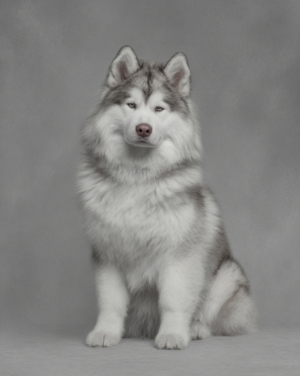 Alaskan Malamute, illustration, with black mask, double coat, in agouti & white, black & white Alaskan Malamute, illustration, with black mask, double coat, in agouti & white, black & white