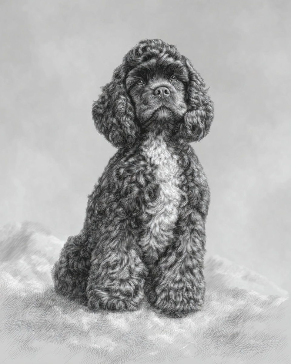 American Water Spaniel, illustration, with soild, double, curly coat, in brown, chocolate American Water Spaniel, illustration, with soild, double, curly coat, in brown, chocolate