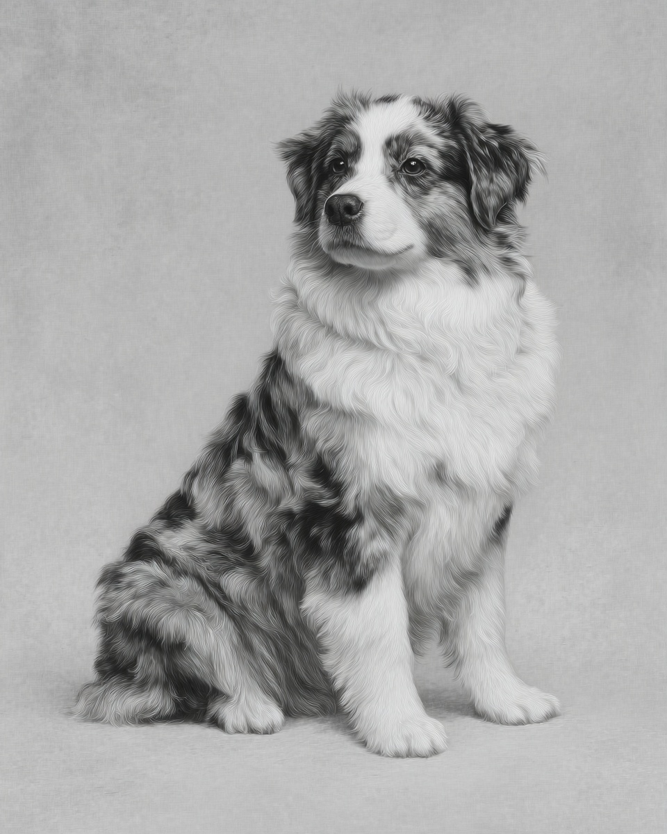 Australian Shepherd, illustration, with white markings, double coat, in black, blue merle Australian Shepherd, illustration, with white markings, double coat, in black, blue merle