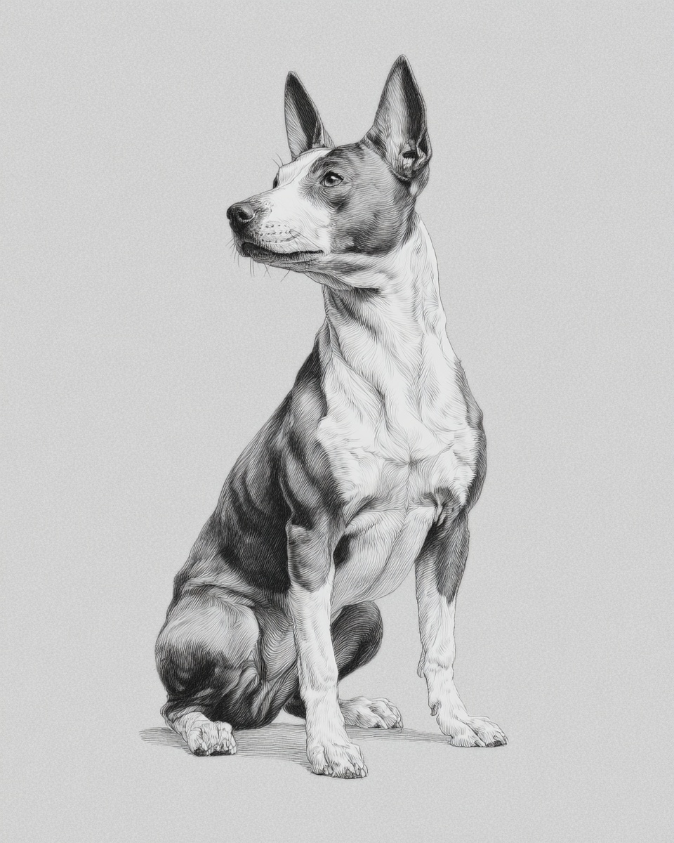 Basenji, illustration, with black mask, smooth coat, in black & white, black brindle & white Basenji, illustration, with black mask, smooth coat, in black & white, black brindle & white