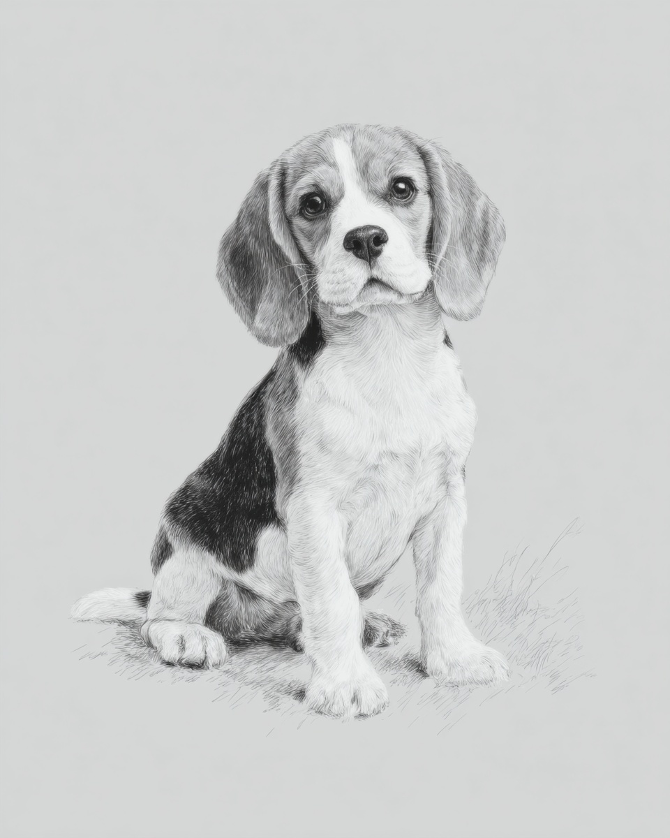 Beagle, illustration, with ticked, smooth coat, in black, black & tan Beagle, illustration, with ticked, smooth coat, in black, black & tan