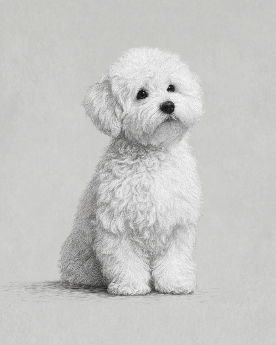 Bichon Frisé, illustration, double, curly coat, in white, white & apricot Bichon Frisé, illustration, double, curly coat, in white, white & apricot