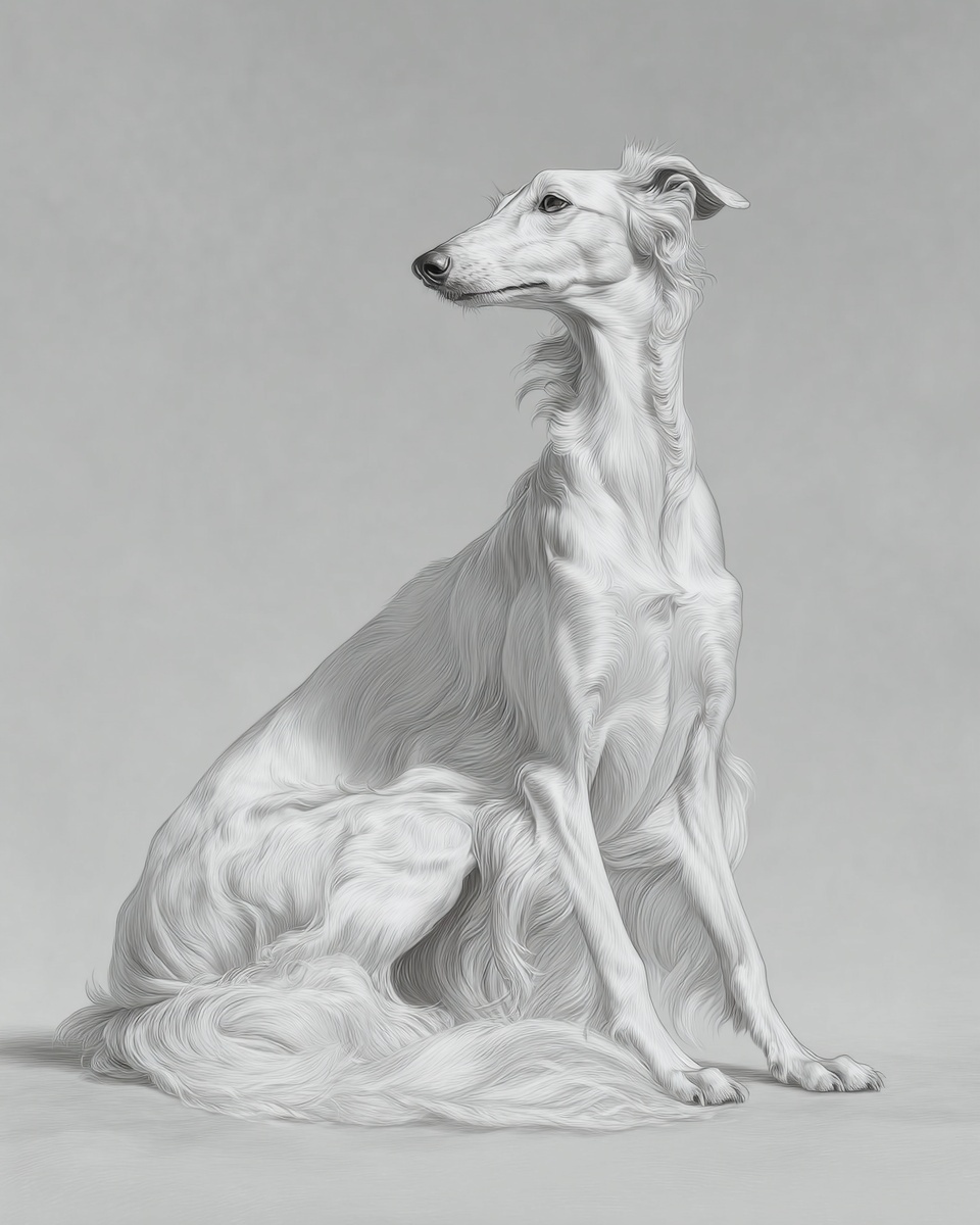 Borzoi, illustration, with "white trim, silky, curly coat, in apricot, black Borzoi, illustration, with "white trim, silky, curly coat, in apricot, black