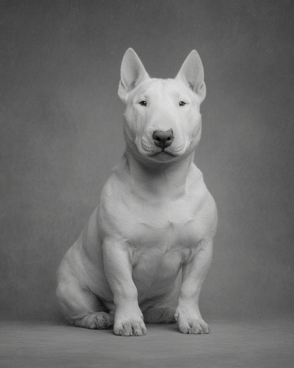 Bull Terrier, illustration, with solid, smooth coat, in black brindle & white, black tan & white Bull Terrier, illustration, with solid, smooth coat, in black brindle & white, black tan & white