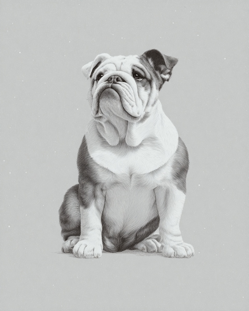 English Bulldog, illustration, with ticked, smooth coat, in brindle, fawn English Bulldog, illustration, with ticked, smooth coat, in brindle, fawn