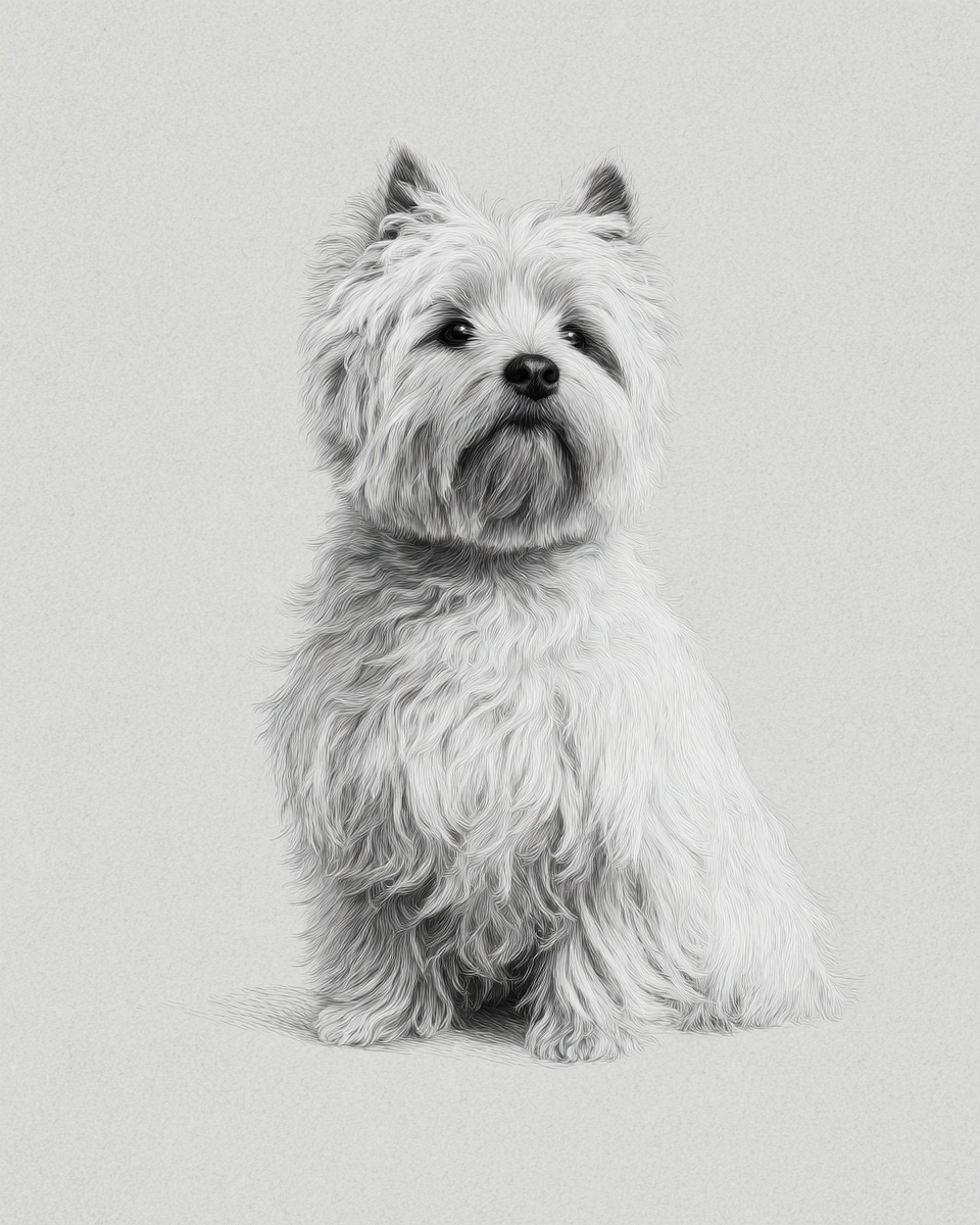 Cairn Terrier, illustration, with black points, double, wiry coat, in black, brindle Cairn Terrier, illustration, with black points, double, wiry coat, in black, brindle