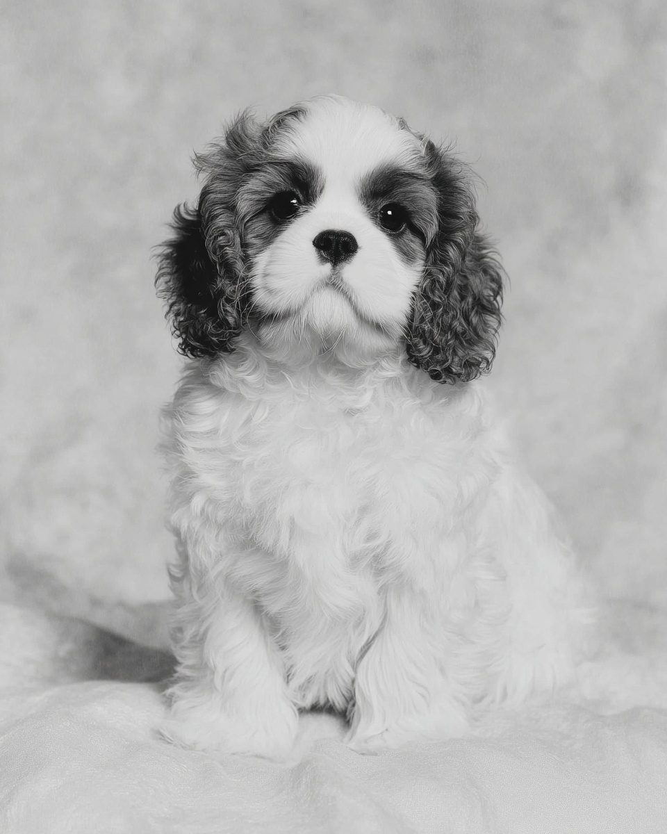 Cavalier King Charles Spaniel, illustration, with tan markings, wavy, silky coat, in black & tan, black & white Cavalier King Charles Spaniel, illustration, with tan markings, wavy, silky coat, in black & tan, black & white