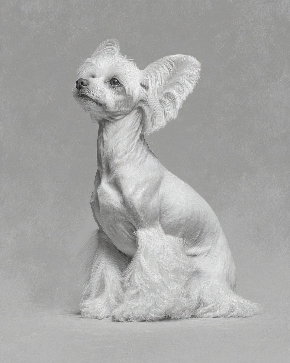 Chinese Crested, illustration, with spotted, silky, hairless coat, in apricot, black Chinese Crested, illustration, with spotted, silky, hairless coat, in apricot, black