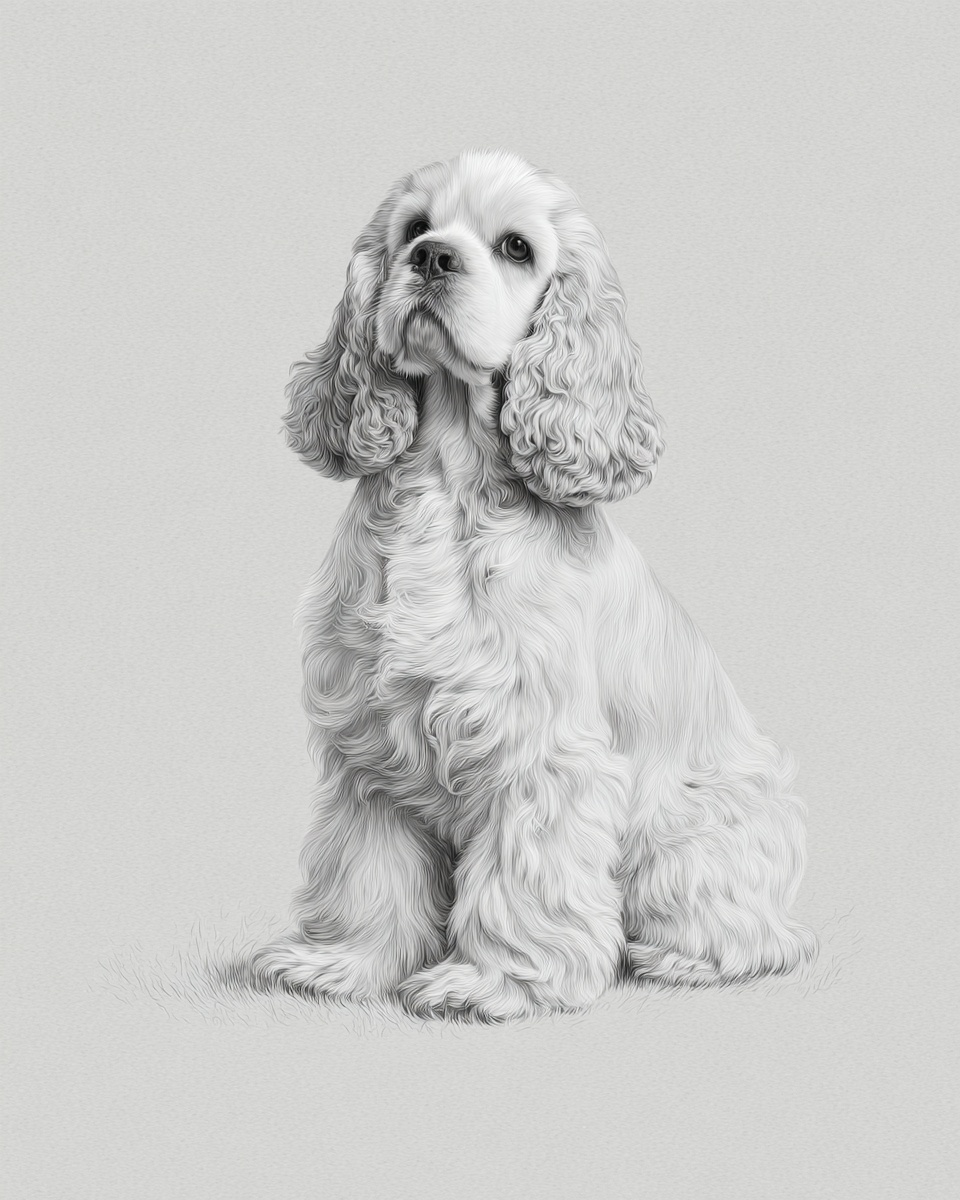 Cocker Spaniel, illustration, with ticked, double, silky coat, in black, black & tan Cocker Spaniel, illustration, with ticked, double, silky coat, in black, black & tan