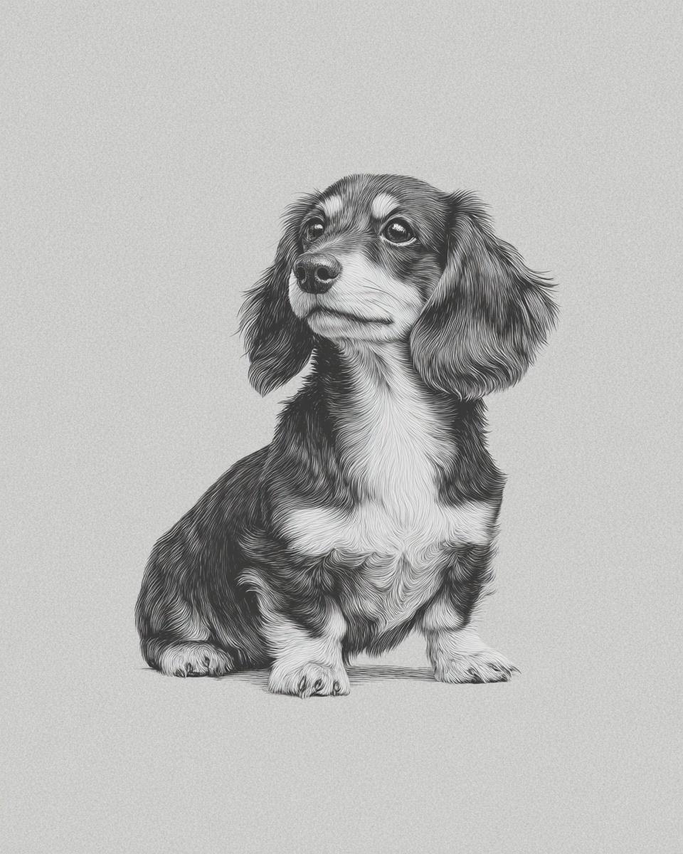 Dachshund, illustration, with brindle, smooth, wirehaired, longhaired coat, in black, black & cream Dachshund, illustration, with brindle, smooth, wirehaired, longhaired coat, in black, black & cream