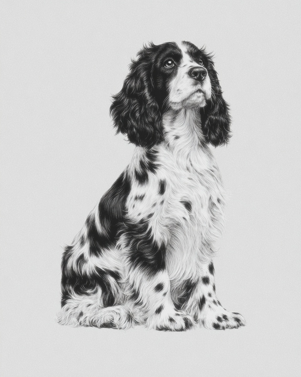 English Springer Spaniel, illustration, with ticked, double coat, in black & white, black white & tan English Springer Spaniel, illustration, with ticked, double coat, in black & white, black white & tan