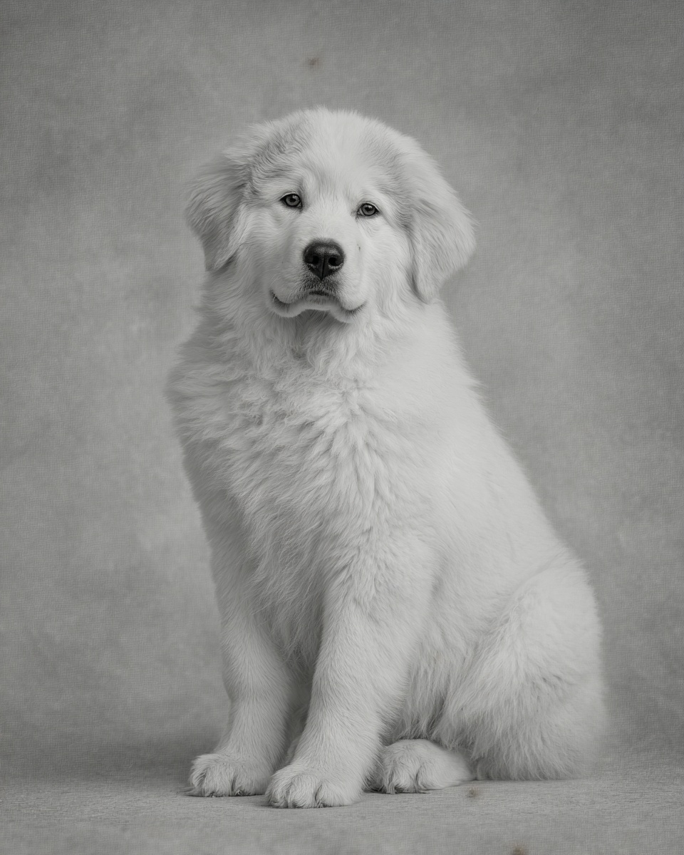 Great Pyrenees, illustration, with tan markings, double coat, in white Great Pyrenees, illustration, with tan markings, double coat, in white