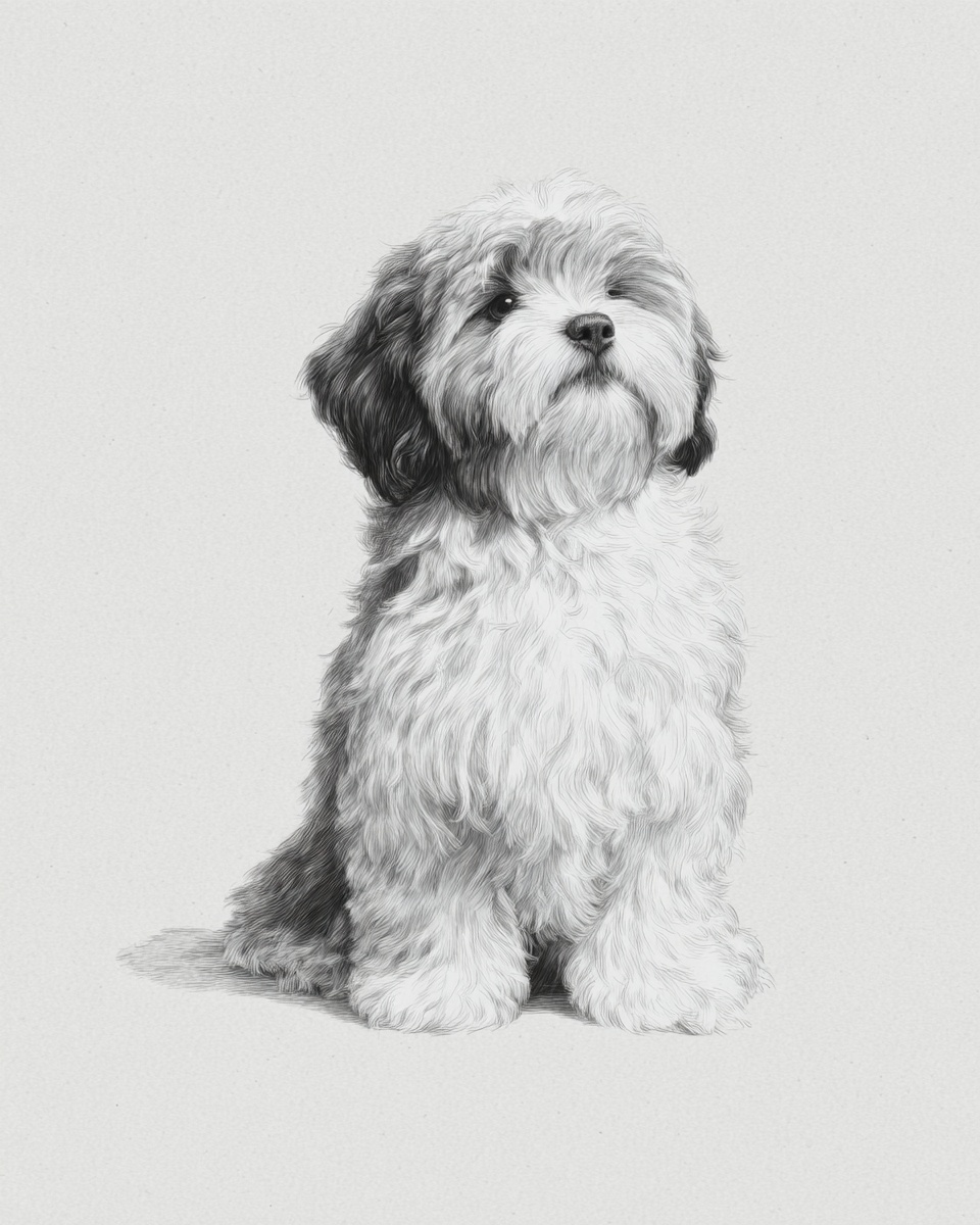 Bichon Havanais, illustration, with white markings, double, silky coat, in black, black & silver Bichon Havanais, illustration, with white markings, double, silky coat, in black, black & silver