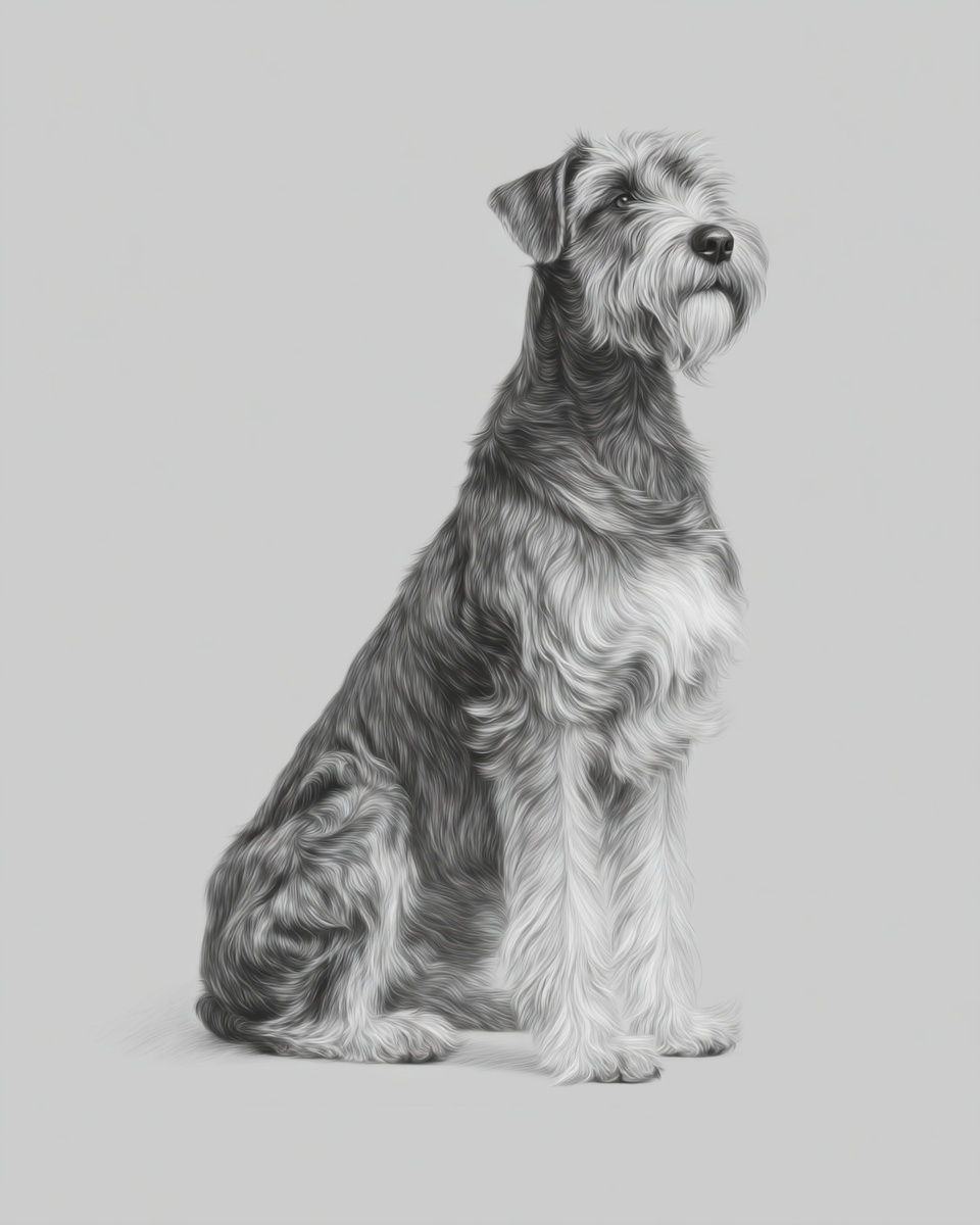 Irish Wolfhound, illustration, with white markings, wiry coat, in black, blue Irish Wolfhound, illustration, with white markings, wiry coat, in black, blue