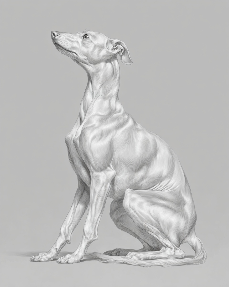 Italian Greyhound, illustration, with white markings, smooth coat, in black, black & tan Italian Greyhound, illustration, with white markings, smooth coat, in black, black & tan
