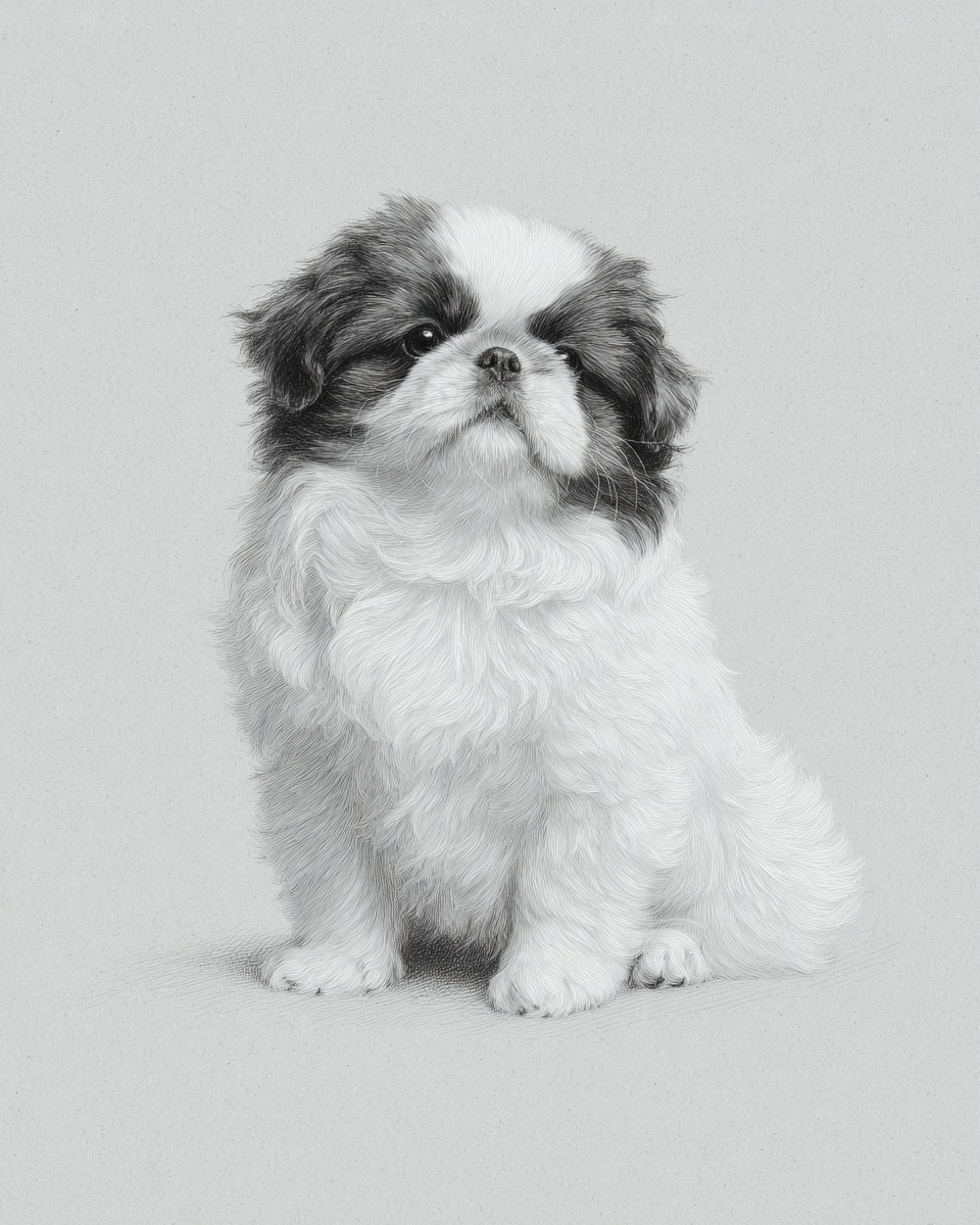 Japanese Chin, illustration, with red markings, silky coat, in black & white, black tan & white Japanese Chin, illustration, with red markings, silky coat, in black & white, black tan & white
