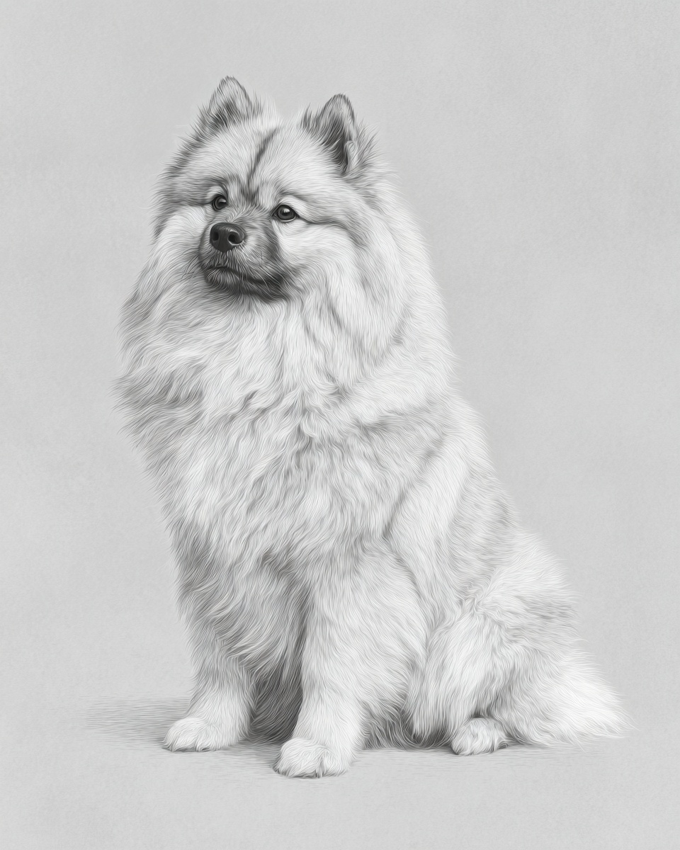 Keeshond, illustration, double coat, in black, black & silver Keeshond, illustration, double coat, in black, black & silver