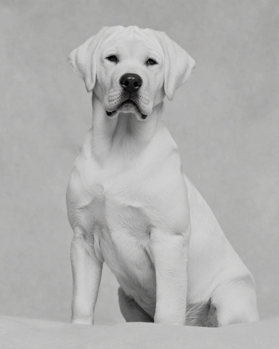 Labrador Retriever, illustration, with white markings, double coat, in black, chocolate Labrador Retriever, illustration, with white markings, double coat, in black, chocolate