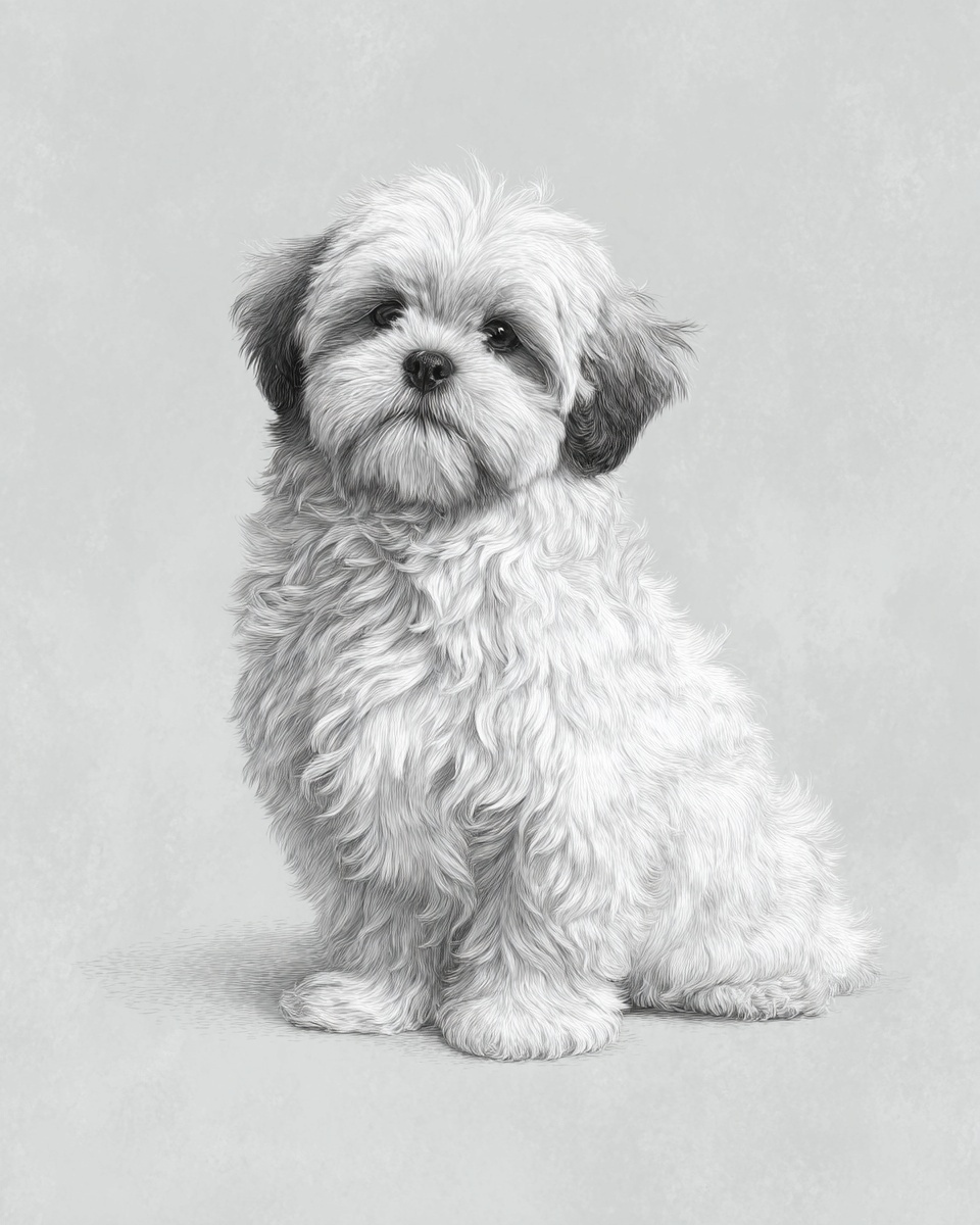 Lhasa Apso, illustration, with white markings, silky coat, in black, black & tan Lhasa Apso, illustration, with white markings, silky coat, in black, black & tan