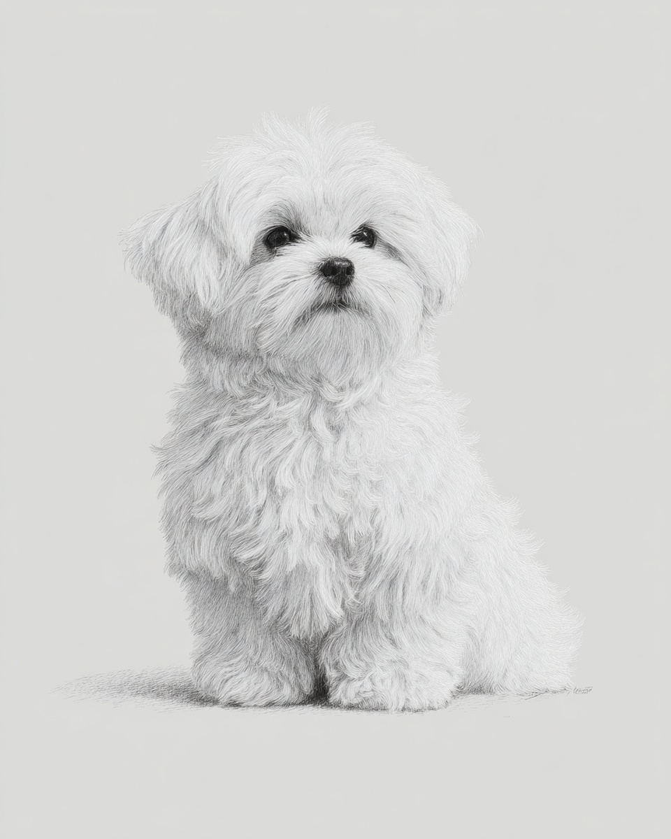 Maltese, illustration, with black points, silky coat, in white, white & lemon Maltese, illustration, with black points, silky coat, in white, white & lemon