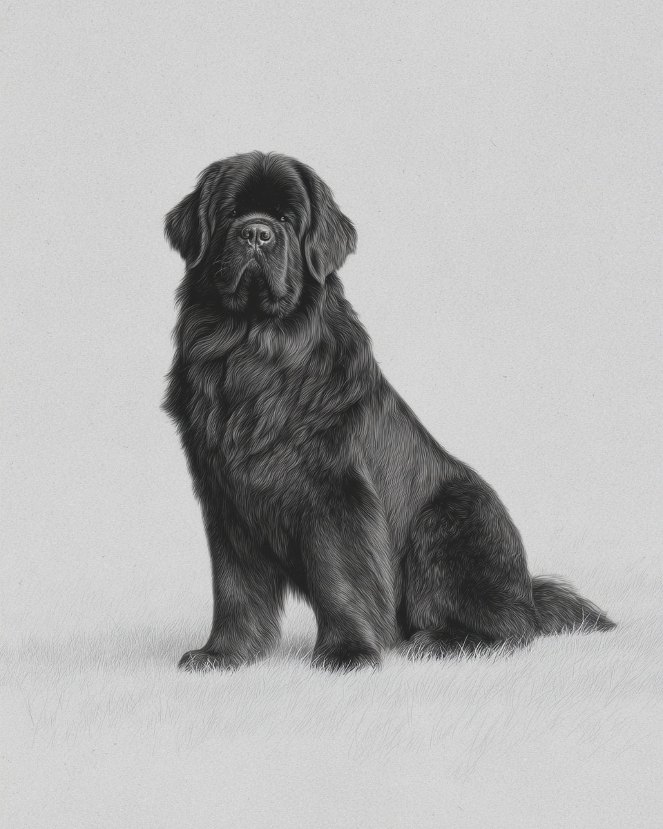 Newfoundland, illustration, with white markings, double coat, in beige, black Newfoundland, illustration, with white markings, double coat, in beige, black