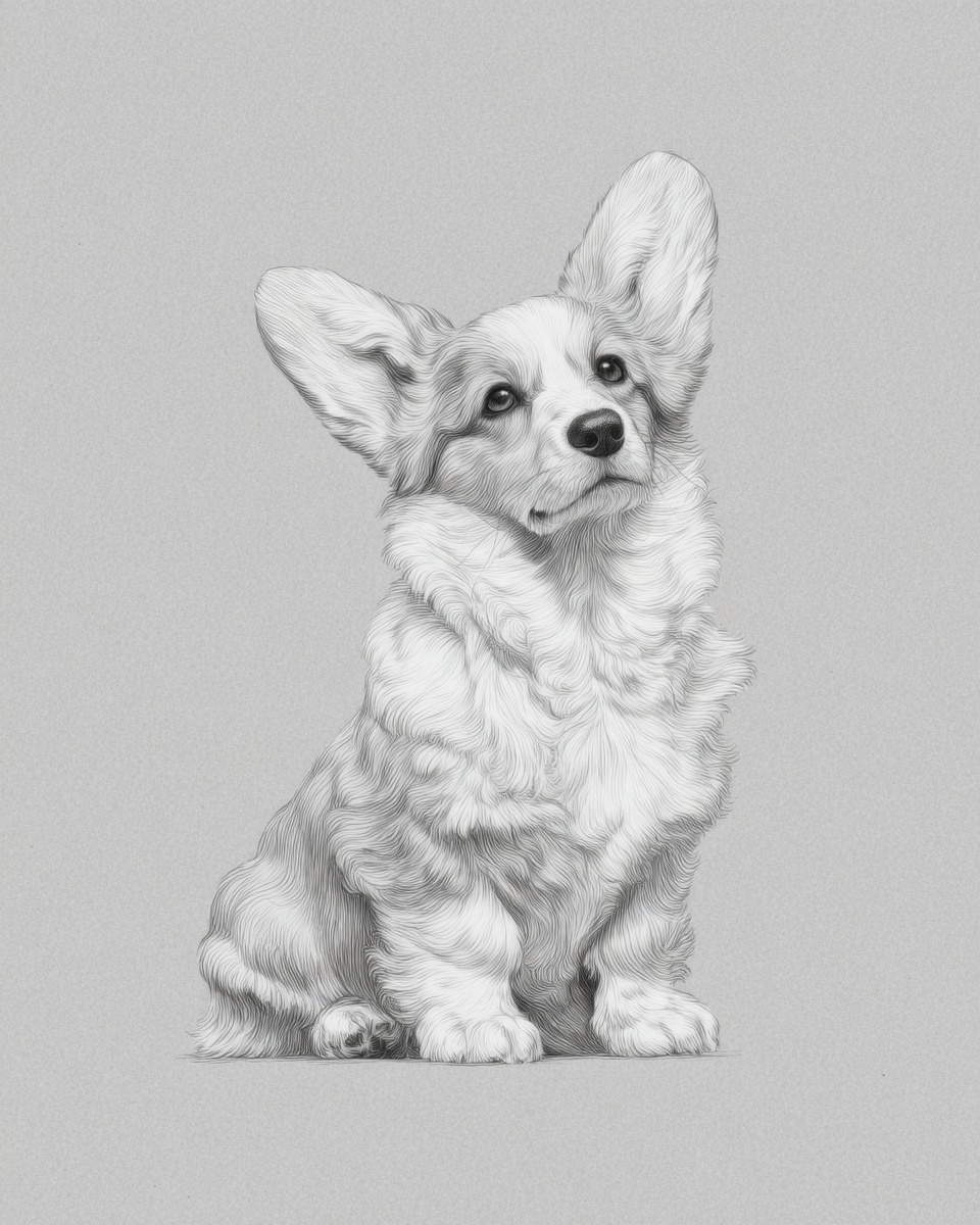 Pembroke Welsh Corgi, illustration, with white markings, double coat, in black & tan, fawn Pembroke Welsh Corgi, illustration, with white markings, double coat, in black & tan, fawn