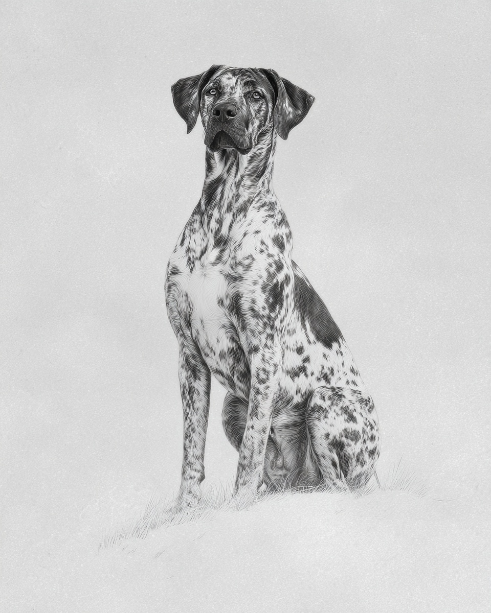 Plott Hound, illustration, with "grayings muzzle & jaw, smooth coat, in "gray brindle, blue brindle Plott Hound, illustration, with "grayings muzzle & jaw, smooth coat, in "gray brindle, blue brindle