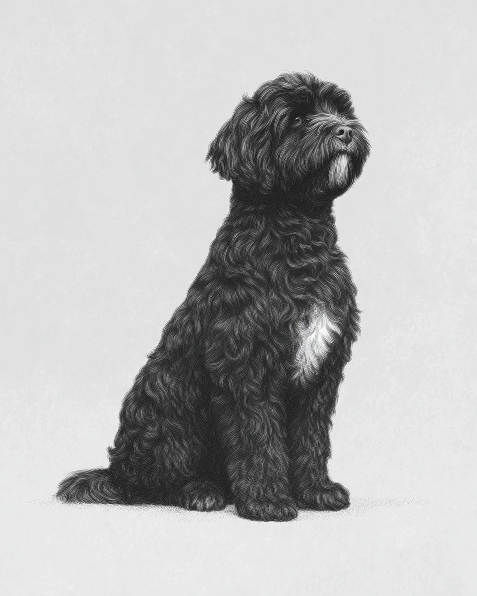 Portuguese Water Dog, illustration, with white markings, wavy, curly coat, in black, brown Portuguese Water Dog, illustration, with white markings, wavy, curly coat, in black, brown