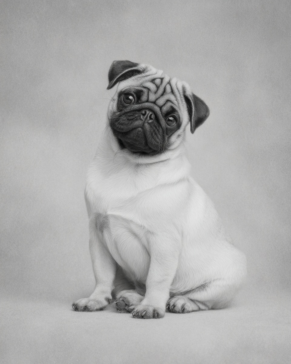 Pug, illustration, with black mask, smooth coat, in black, fawn Pug, illustration, with black mask, smooth coat, in black, fawn