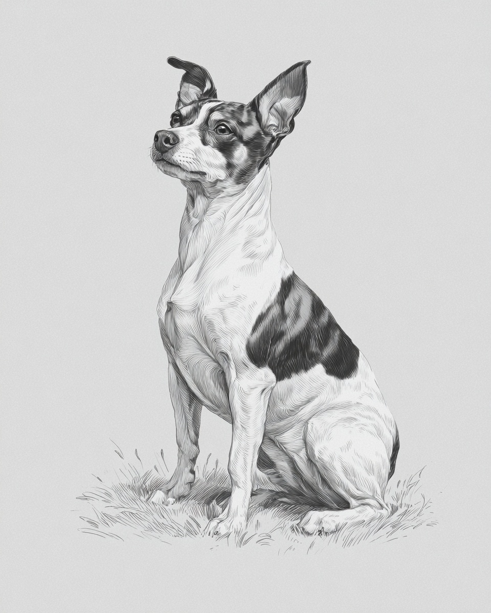 Rat Terrier, illustration, with piebald, smooth coat, in black & white, black white & tan Rat Terrier, illustration, with piebald, smooth coat, in black & white, black white & tan