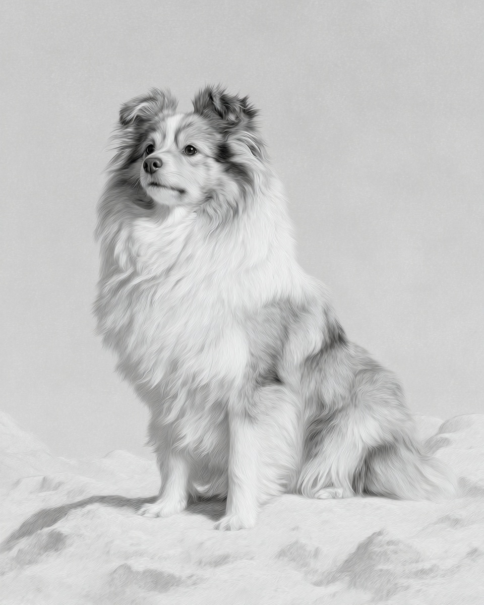 Shetland Sheepdog, illustration, double coat, in black & tan, black & white Shetland Sheepdog, illustration, double coat, in black & tan, black & white