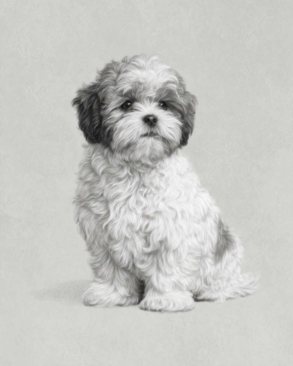 Shih Tzu, illustration, with white markings, double coat, in black & white, black white & silver Shih Tzu, illustration, with white markings, double coat, in black & white, black white & silver