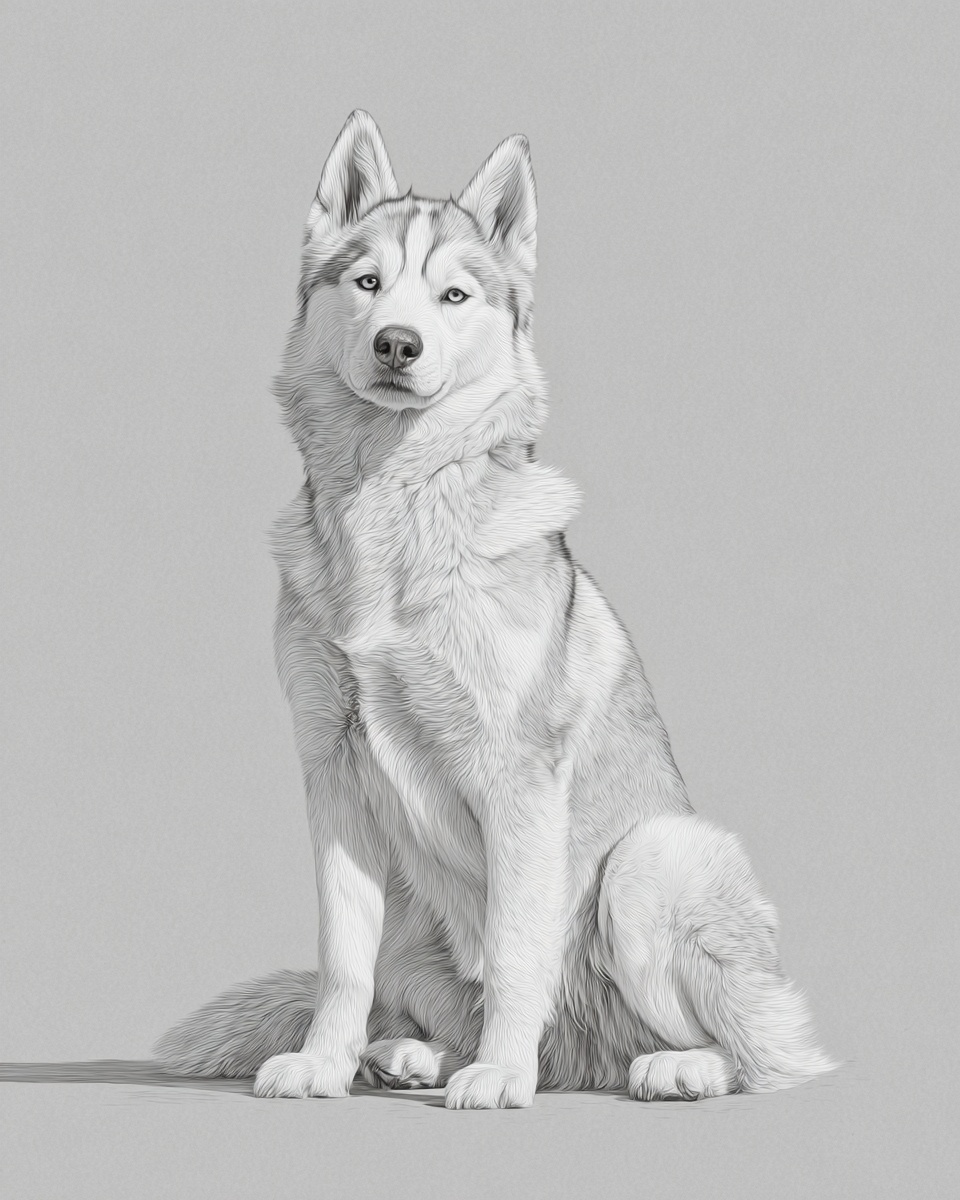 Siberian Husky, illustration, with piebald, double coat, in agouti & white, black & white Siberian Husky, illustration, with piebald, double coat, in agouti & white, black & white