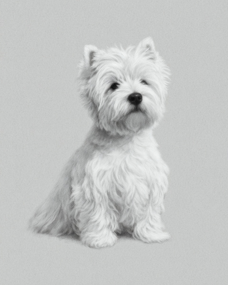 West Highland White Terrier, illustration, double coat, in white West Highland White Terrier, illustration, double coat, in white